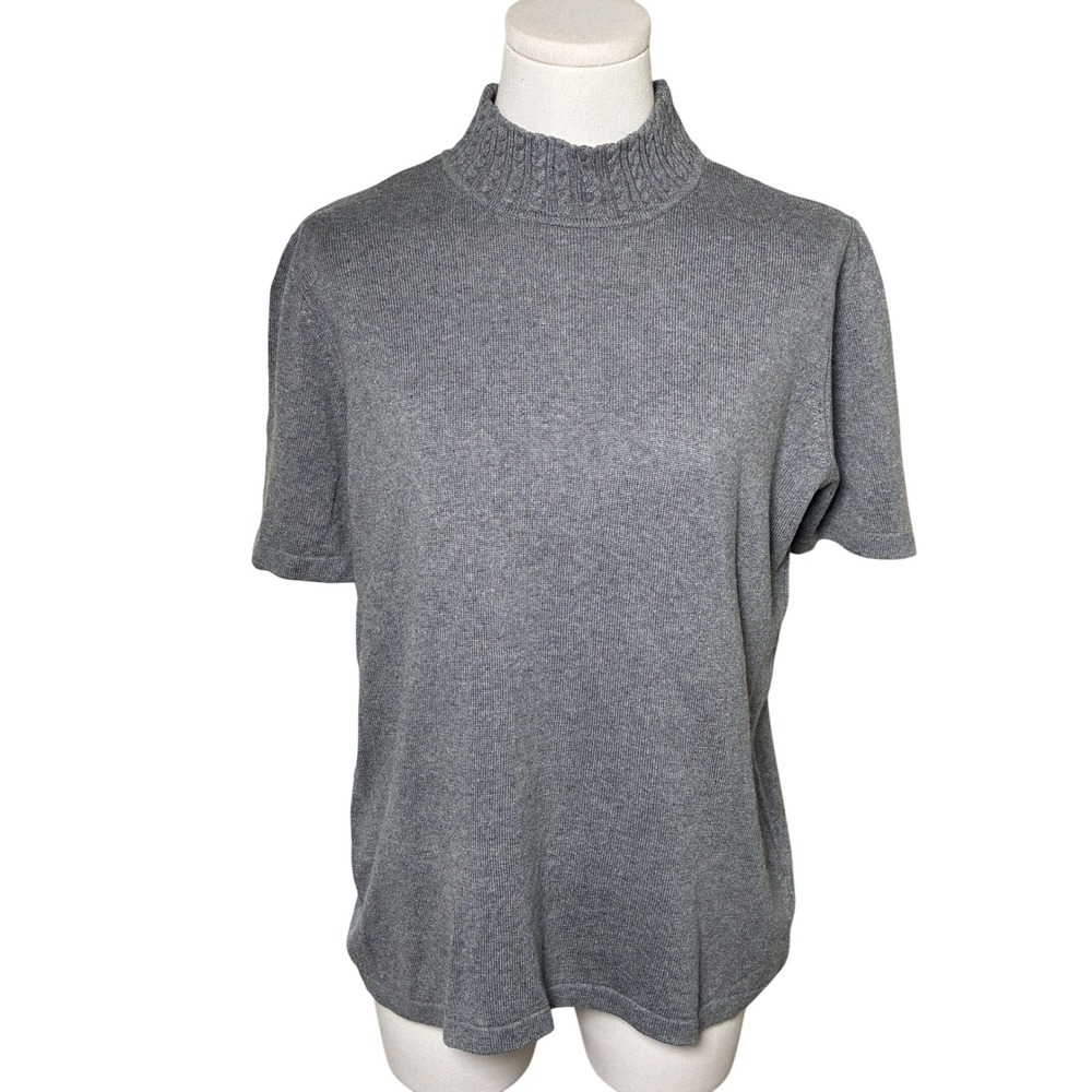 Chaus Marled Gray Black Silk Cashmere Mock Neck Sweater Top L